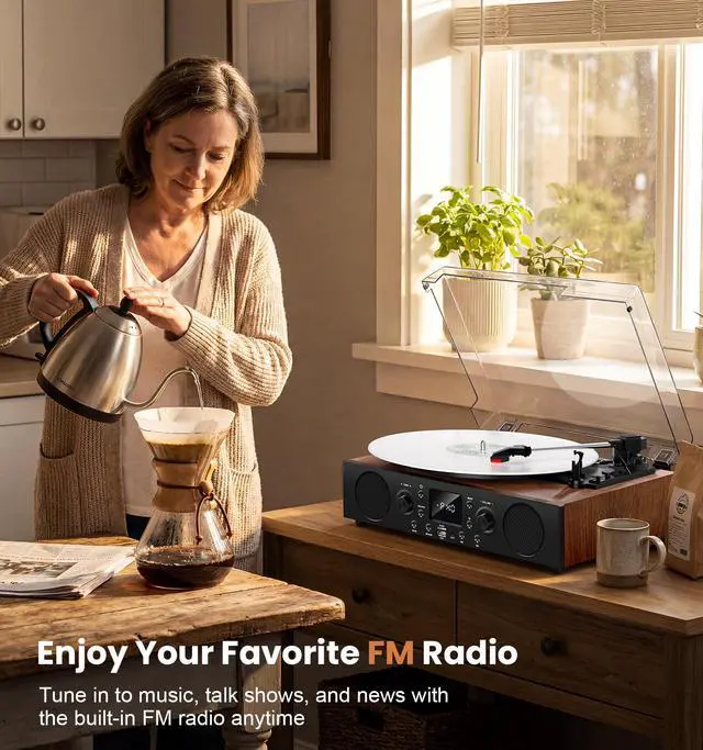 Alt view image 4 of 7 - Vintage Record Player with Bluetooth, 3-Speed Belt-Drive Turntable for Vinyl Records, Built-in Stereo Speakers, USB Recording, FM Radio, AUX/TF/USB Playback, Walnut Wood Retro Phonograph