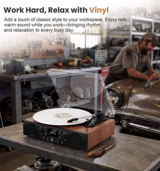 Alt view image 7 of 7 - Vintage Record Player with Bluetooth, 3-Speed Belt-Drive Turntable for Vinyl Records, Built-in Stereo Speakers, USB Recording, FM Radio, AUX/TF/USB Playback, Walnut Wood Retro Phonograph