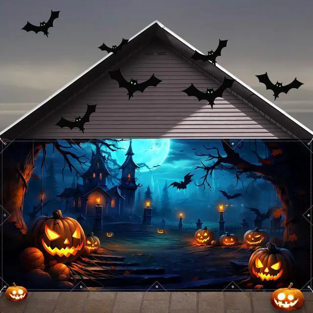 Main image of Halloween Decorations Garage Door Cover, Large Hanging Backdrop Door Cover Halloween Garage Wall Decorations for Outdoor Home Yard Garage Door Decorations Party Photo Backgrounds (7X16Ft)