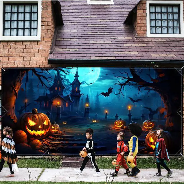 Alt view image 2 of 5 - Halloween Decorations Garage Door Cover, Large Hanging Backdrop Door Cover Halloween Garage Wall Decorations for Outdoor Home Yard Garage Door Decorations Party Photo Backgrounds (7X16Ft)