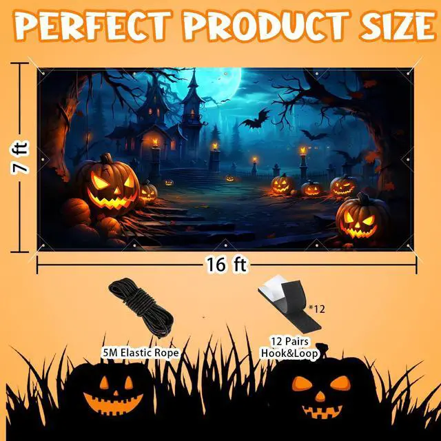 Alt view image 5 of 5 - Halloween Decorations Garage Door Cover, Large Hanging Backdrop Door Cover Halloween Garage Wall Decorations for Outdoor Home Yard Garage Door Decorations Party Photo Backgrounds (7X16Ft)