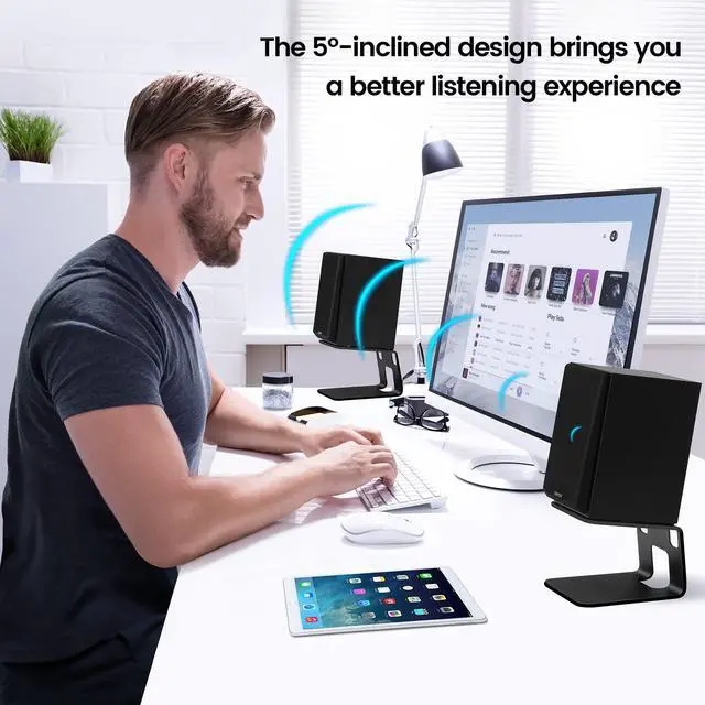Alt view image 2 of 7 - Desktop Speaker Stands with Vibration Absorption Pads, Metal Speaker Stands Pair Support Up to 40lbs,Bookshelf Speaker Stands for Better Audio Experience (7.09 x 5.51 x 5.12 inch)