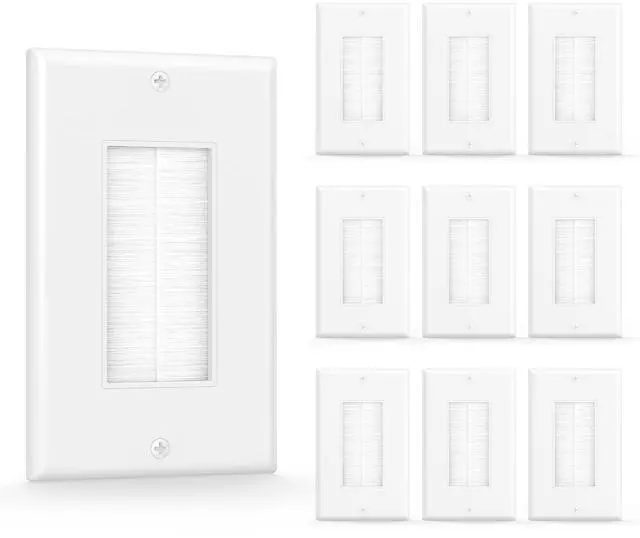 Main image of 10 Pack Brush Wall Plate, Single Gang Cable Pass Through, White | Cord Hider for Low Voltage Wires, In Wall Cable Management for Wall Mount TV, HDTV, Home Theater Systems