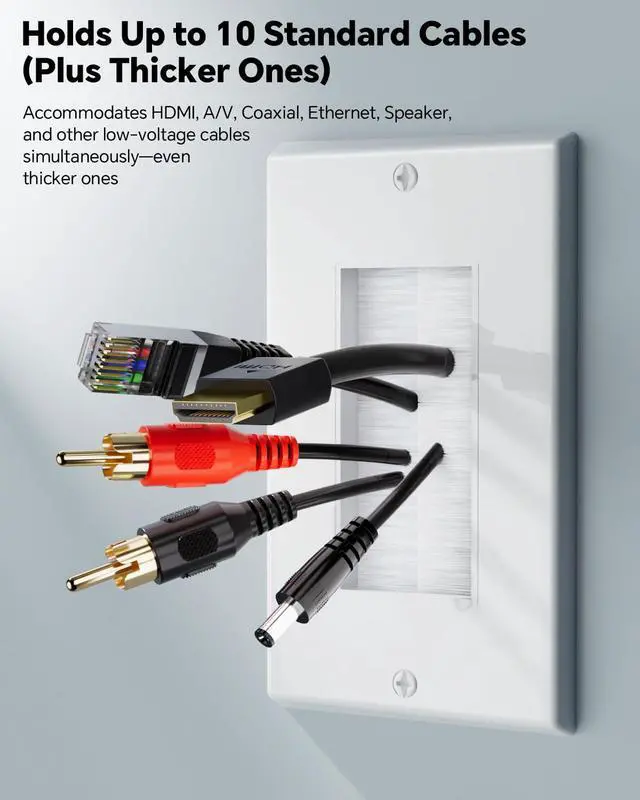 Alt view image 7 of 7 - 10 Pack Brush Wall Plate, Single Gang Cable Pass Through, White | Cord Hider for Low Voltage Wires, In Wall Cable Management for Wall Mount TV, HDTV, Home Theater Systems