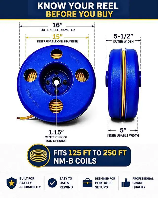 Alt view image 4 of 7 - NM-B Blue Wire Dispenser for 125-250 FT Wire Coils, Portable Electrical Wire Organizer, Heavy-Duty Polypropylene Cable Reel, Made in USA, 16" OD x 15" ID for Electricians & Contractors