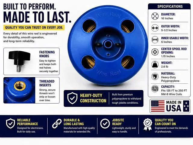 Alt view image 5 of 7 - NM-B Blue Wire Dispenser for 125-250 FT Wire Coils, Portable Electrical Wire Organizer, Heavy-Duty Polypropylene Cable Reel, Made in USA, 16" OD x 15" ID for Electricians & Contractors