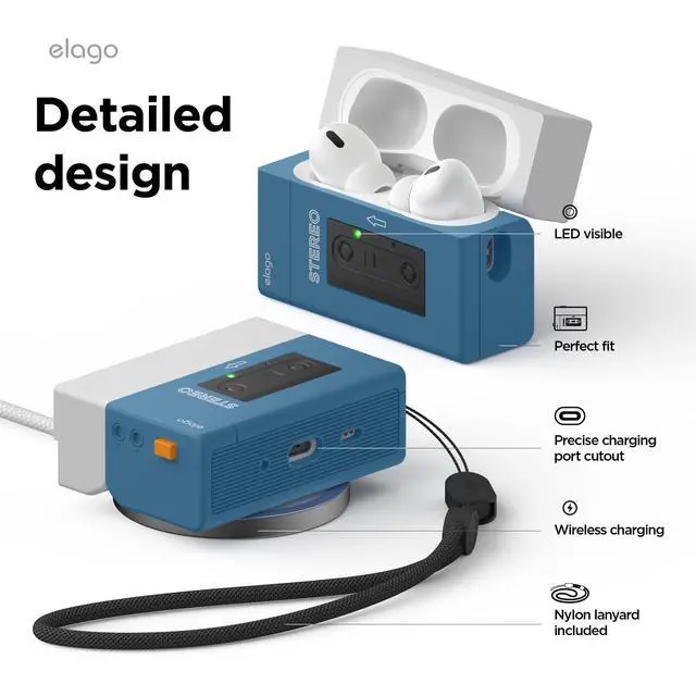Alt view image 4 of 7 - Cassette Tape Player Case for AirPods Pro 2 | Lanyard Included, Shock Resistant, Full Protection, for Men (Blue)