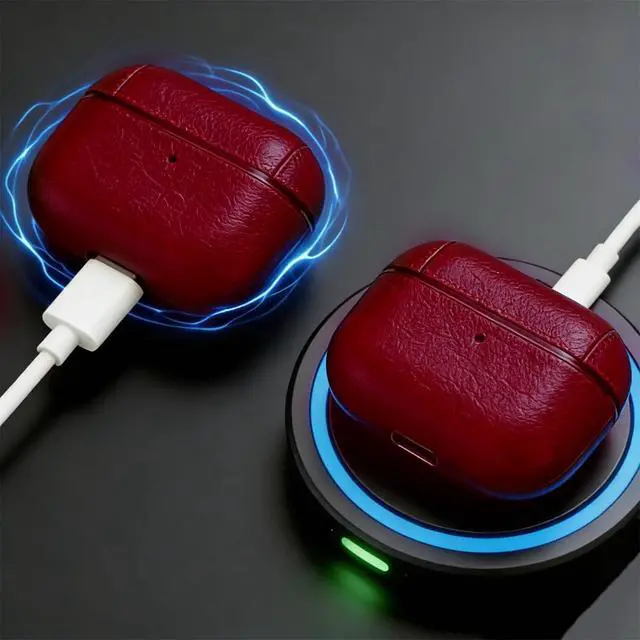 Alt view image 4 of 7 - for AirPods Pro 3 Case Leather, PU Leather Protective Cover for AirPods Pro 3rd Gen One-Piece Full Body Bumper Case with Hanging Hook, Front LED Visible,Red