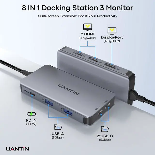 Alt view image 2 of 7 - Laptop Docking Station 3 Monitors, 8-in-1 USB C Dock with 2 HDMI, DP | USB C Docking Station Dual Monitor with 4K@60Hz HDMI, DisplayPort, USB A & USBC Data, 100W PD, USBC Adapter for Dell,HP