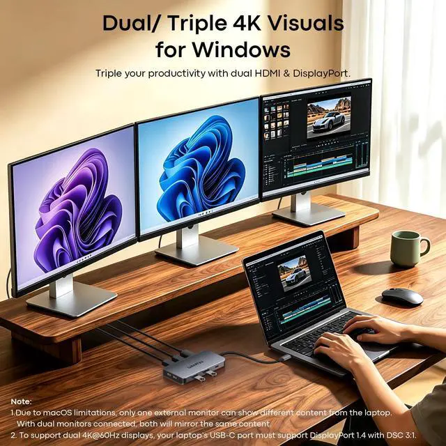 Alt view image 3 of 7 - Laptop Docking Station 3 Monitors, 8-in-1 USB C Dock with 2 HDMI, DP | USB C Docking Station Dual Monitor with 4K@60Hz HDMI, DisplayPort, USB A & USBC Data, 100W PD, USBC Adapter for Dell,HP