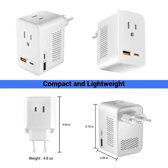 Alt view image 2 of 7 - 220V to 110V Voltage Conversion Plug Adapter for Traveling from USA to Europe with 2 USB and 2 USBC Ports PD 20 W, 2 AC Outlets International Power Adapter
