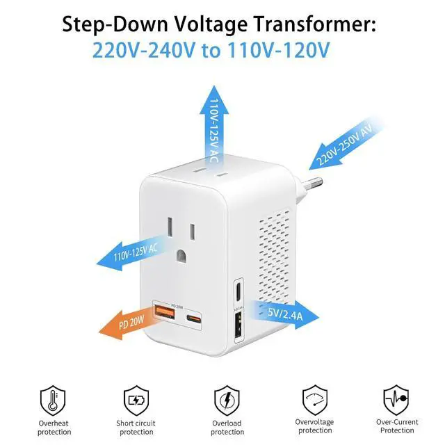 Alt view image 3 of 7 - 220V to 110V Voltage Conversion Plug Adapter for Traveling from USA to Europe with 2 USB and 2 USBC Ports PD 20 W, 2 AC Outlets International Power Adapter
