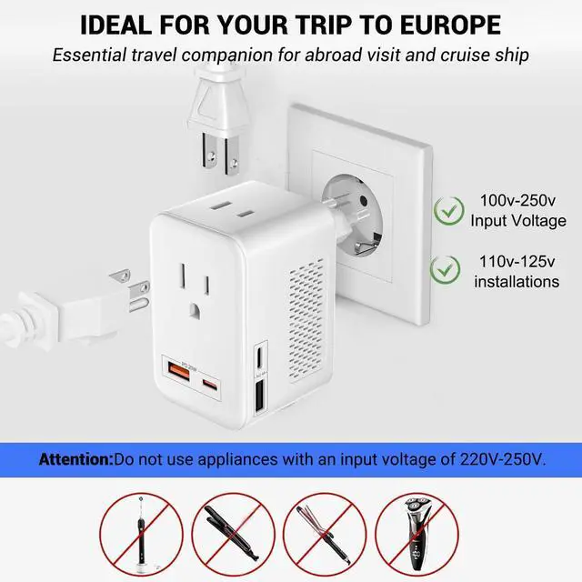 Alt view image 5 of 7 - 220V to 110V Voltage Conversion Plug Adapter for Traveling from USA to Europe with 2 USB and 2 USBC Ports PD 20 W, 2 AC Outlets International Power Adapter