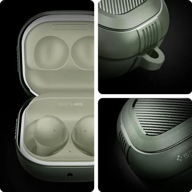 Alt view image 3 of 7 - Rugged Armor for Galaxy Buds Core, Buds FE, Buds 2 Pro & Buds Live | TPU & PC Dual Layer, Drop Protection, Included Carabiner - Military Green