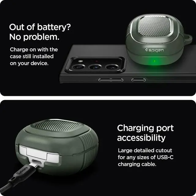 Alt view image 6 of 7 - Rugged Armor for Galaxy Buds Core, Buds FE, Buds 2 Pro & Buds Live | TPU & PC Dual Layer, Drop Protection, Included Carabiner - Military Green