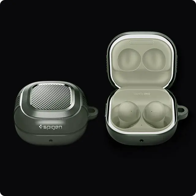 Alt view image 7 of 7 - Rugged Armor for Galaxy Buds Core, Buds FE, Buds 2 Pro & Buds Live | TPU & PC Dual Layer, Drop Protection, Included Carabiner - Military Green