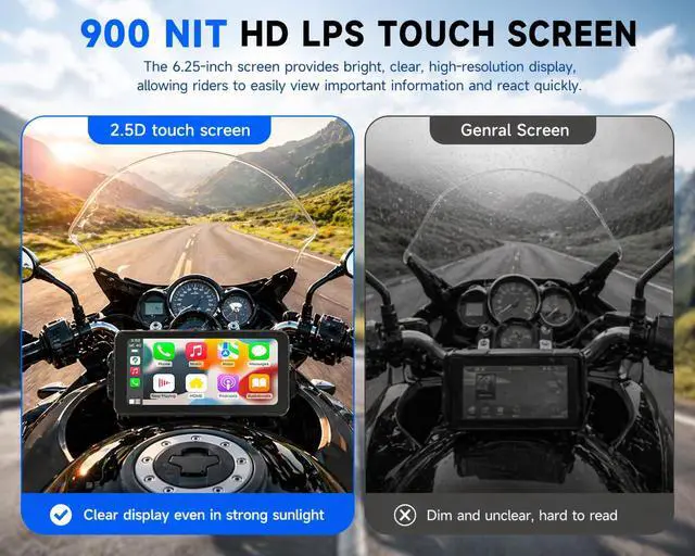 Alt view image 6 of 6 - CL871 6.25" Motorcycle CarPlay Screen, IP67, 900-Nit Display | Wireless CarPlay & Android Auto, 900-nit display, Bluetooth audio, auto brightness, IP67 and dual power options