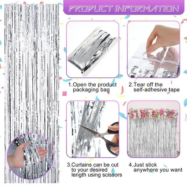 Alt view image 6 of 6 - 20 Pcs Silver Foil Fringe Backdrop 3.28 x 8.2 ft Metallic Tinsel Curtains for 2026 Graduation Party Photo Birthday Wedding Baby Shower Bridal Photo Decor