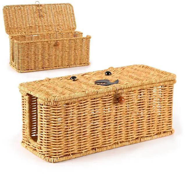 Main image of Cord hider box,Imitation rattan cable management organizer storage box with lid 2 open slots extension cord keeper charging basket cover under desk for hide wire cords and power strip-13"L*5.1"W