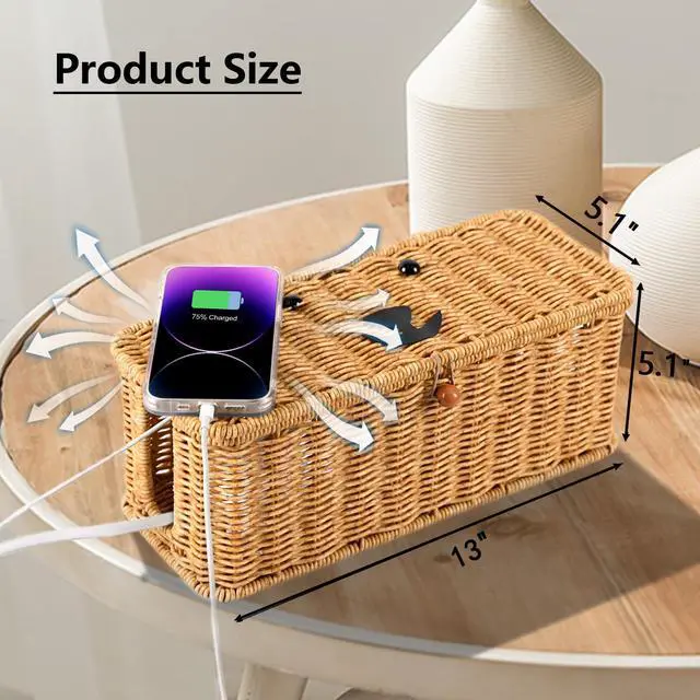 Alt view image 2 of 5 - Cord hider box,Imitation rattan cable management organizer storage box with lid 2 open slots extension cord keeper charging basket cover under desk for hide wire cords and power strip-13"L*5.1"W