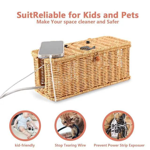 Alt view image 4 of 5 - Cord hider box,Imitation rattan cable management organizer storage box with lid 2 open slots extension cord keeper charging basket cover under desk for hide wire cords and power strip-13"L*5.1"W
