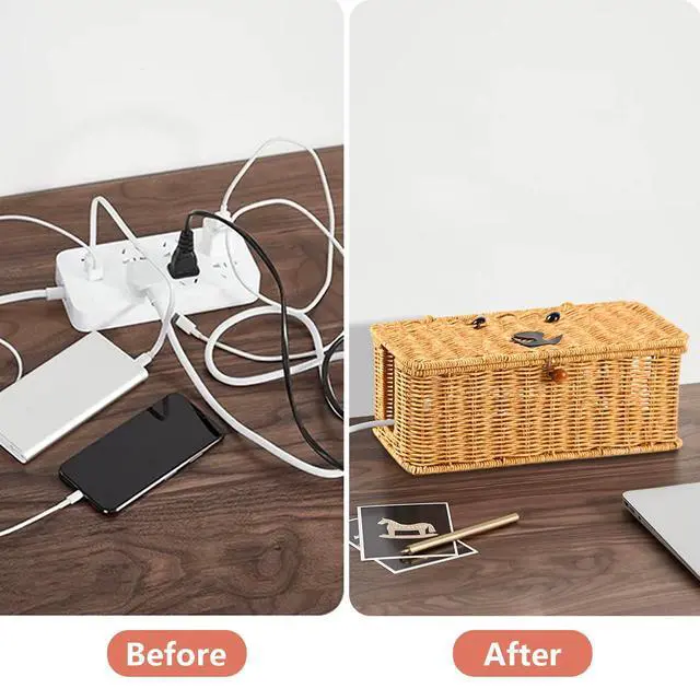 Alt view image 5 of 5 - Cord hider box,Imitation rattan cable management organizer storage box with lid 2 open slots extension cord keeper charging basket cover under desk for hide wire cords and power strip-13"L*5.1"W