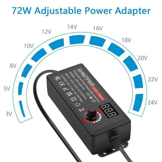 Alt view image 2 of 7 - 72W Adjustable Universal Power Supply DC 3.5V-24V 3A AC/DC Adapter | LED Voltage Display,16 Tips,Polarity Converter,Alligator Clips,DC Pigtail Power Cable,for LED Strip,Camera,CCTV,Printer