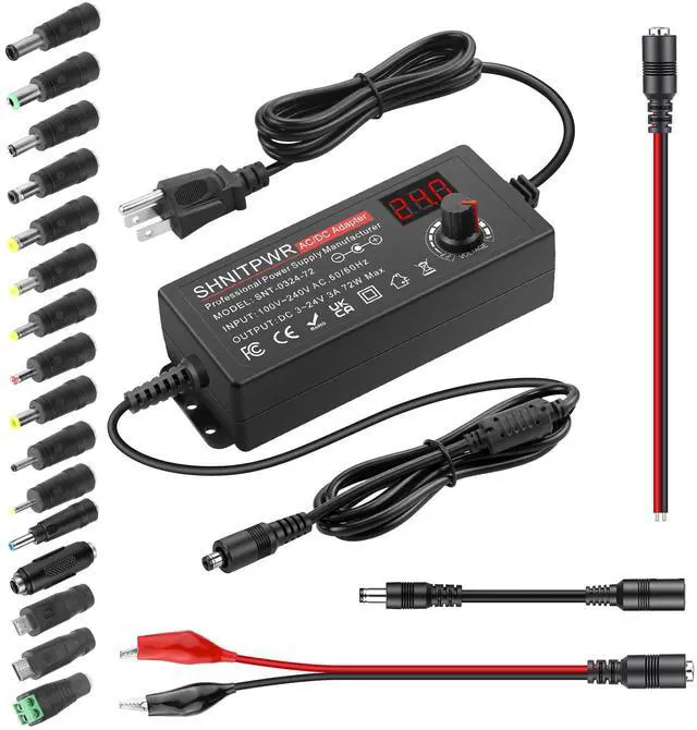 Main image of 72W Adjustable Universal Power Supply DC 3.5V-24V 3A AC/DC Adapter | LED Voltage Display,16 Tips,Polarity Converter,Alligator Clips,DC Pigtail Power Cable,for LED Strip,Camera,CCTV,Printer