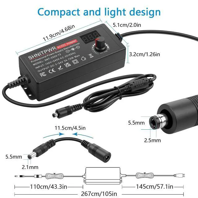 Alt view image 3 of 7 - 72W Adjustable Universal Power Supply DC 3.5V-24V 3A AC/DC Adapter | LED Voltage Display,16 Tips,Polarity Converter,Alligator Clips,DC Pigtail Power Cable,for LED Strip,Camera,CCTV,Printer