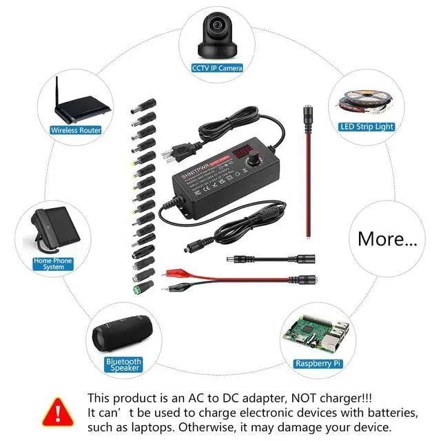 Alt view image 7 of 7 - 72W Adjustable Universal Power Supply DC 3.5V-24V 3A AC/DC Adapter | LED Voltage Display,16 Tips,Polarity Converter,Alligator Clips,DC Pigtail Power Cable,for LED Strip,Camera,CCTV,Printer