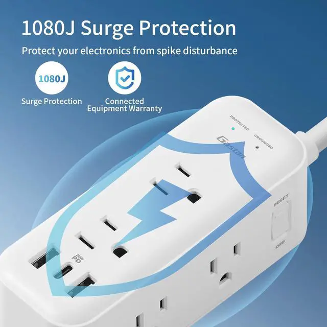 Alt view image 5 of 7 - Gaston Surge Protector Power Strip - 10 Ft Plug Extension Cord, 4 Widely Outlets, 3 USB Ports(1 USB C), 2 Side Outlet Extender for Home Office, White, ETL