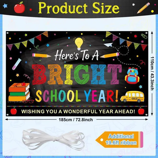 Alt view image 2 of 7 - Back to School Backdrops,Here's to A Bright School Year Banner Sign Polyester Photography Background for First Day of School Classroom Decorations,73x44 InchBlack