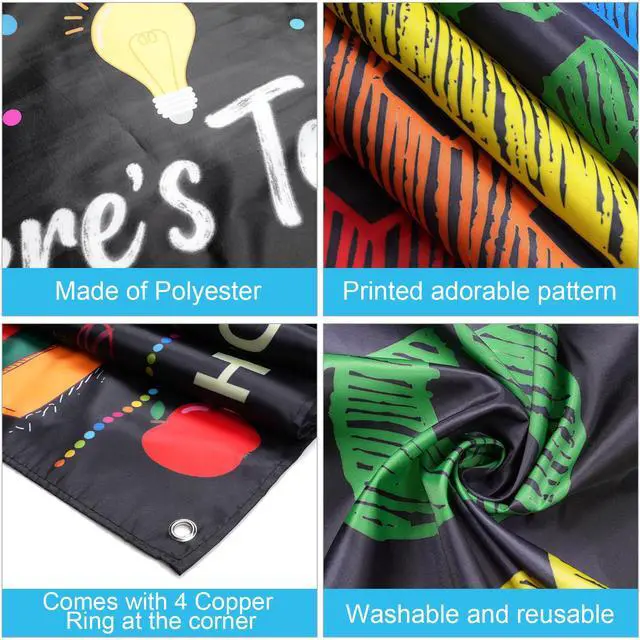 Alt view image 3 of 7 - Back to School Backdrops,Here's to A Bright School Year Banner Sign Polyester Photography Background for First Day of School Classroom Decorations,73x44 InchBlack