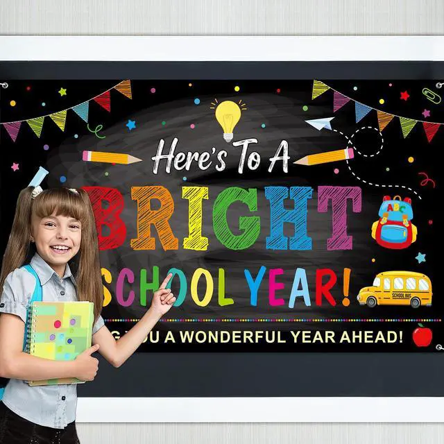 Alt view image 4 of 7 - Back to School Backdrops,Here's to A Bright School Year Banner Sign Polyester Photography Background for First Day of School Classroom Decorations,73x44 InchBlack