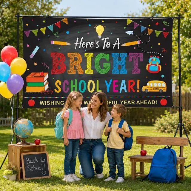 Alt view image 5 of 7 - Back to School Backdrops,Here's to A Bright School Year Banner Sign Polyester Photography Background for First Day of School Classroom Decorations,73x44 InchBlack