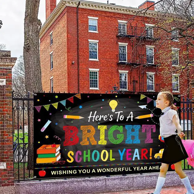Alt view image 6 of 7 - Back to School Backdrops,Here's to A Bright School Year Banner Sign Polyester Photography Background for First Day of School Classroom Decorations,73x44 InchBlack