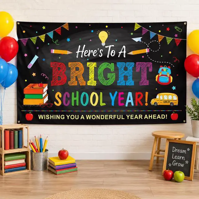 Alt view image 7 of 7 - Back to School Backdrops,Here's to A Bright School Year Banner Sign Polyester Photography Background for First Day of School Classroom Decorations,73x44 InchBlack