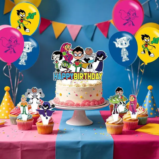 Alt view image 4 of 7 - Teen Birthday Backdrop,Cartoon Titans Go Poster for Cartoon Theme Party Decorations Anime Birthday Supplies Background Studio Shoot Photo Props