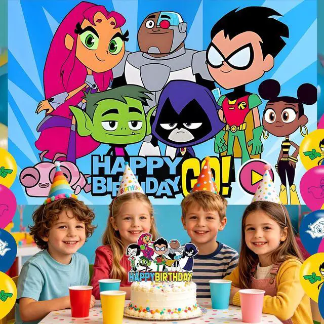 Alt view image 6 of 7 - Teen Birthday Backdrop,Cartoon Titans Go Poster for Cartoon Theme Party Decorations Anime Birthday Supplies Background Studio Shoot Photo Props
