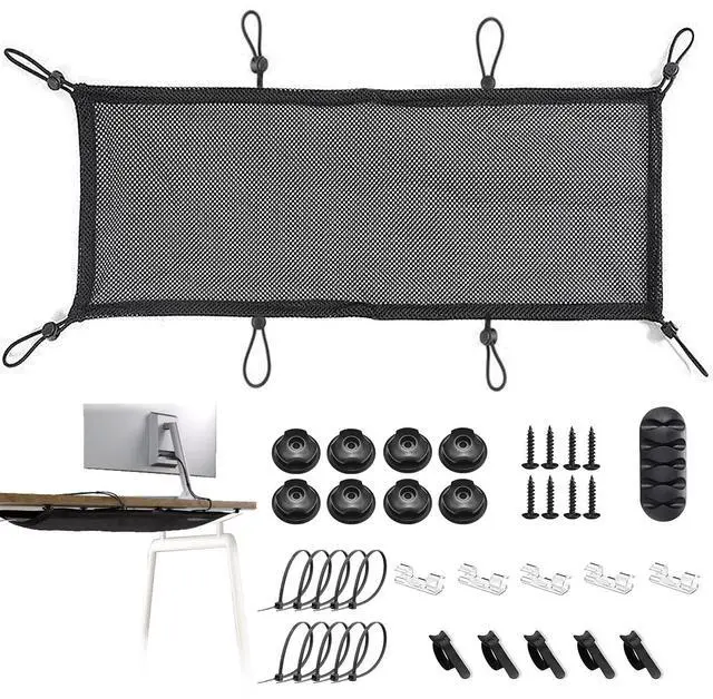 Main image of Under Desk Cable Management Net, 36PCS Under Table Cord Management Mesh Organizer Flexible Wire Hiders, Extra Large Capacity Wire Management Kit Under Desk, Fits Most Tables
