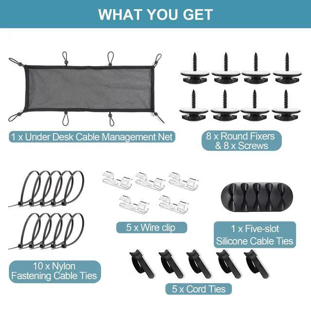 Alt view image 5 of 7 - Under Desk Cable Management Net, 36PCS Under Table Cord Management Mesh Organizer Flexible Wire Hiders, Extra Large Capacity Wire Management Kit Under Desk, Fits Most Tables