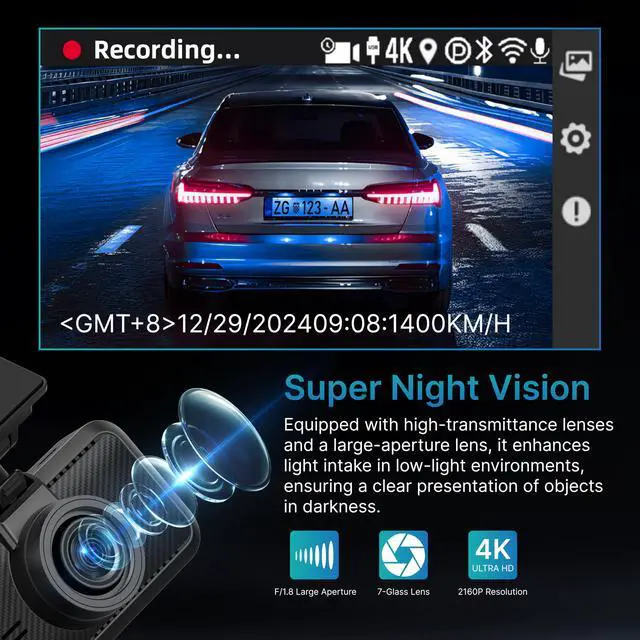 Alt view image 3 of 7 - S1 E 4K Dash Cam Front - 2160P UHD Car Dashboard Camera with 3" IPS | Built-in WiFi, GPS Tracking, Smart App Control, WDR Night Vision, 24H Parking Monitor, Emergency G-Sensor, Loop Recording