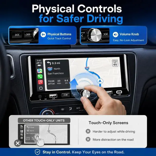 Alt view image 4 of 7 - Single Din Car Stereo - 6.9" InCell Touchscreen Car Radio with Wireless Apple Carplay Android Auto, Car Audio with Bluetooth 5.2 Mirror Link Backup Camera USB/Type C Fast Charge FM EQ SWC