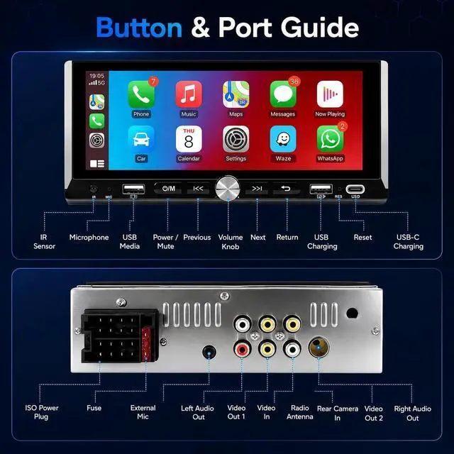 Alt view image 6 of 7 - Single Din Car Stereo - 6.9" InCell Touchscreen Car Radio with Wireless Apple Carplay Android Auto, Car Audio with Bluetooth 5.2 Mirror Link Backup Camera USB/Type C Fast Charge FM EQ SWC