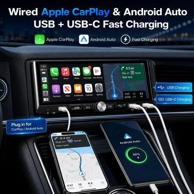 Alt view image 2 of 7 - Single Din Car Stereo - 6.9" InCell Touchscreen Car Radio with Wireless Apple Carplay Android Auto, Car Audio with Bluetooth 5.2 Mirror Link Backup Camera USB/Type C Fast Charge FM EQ SWC