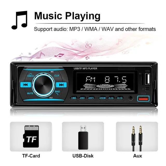 Alt view image 2 of 7 - 1 DIN Car Stereo Bluetooth Audio Receiver - FM Radio MP3 Player with Hands-Free Calling, Wireless Music Streaming, Fast Charging, USB/TF/AUX Port, 7-Color Backlight, Clock Display, Remote Control