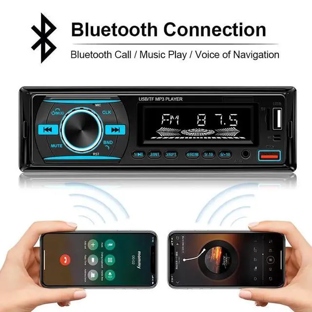 Alt view image 4 of 7 - 1 DIN Car Stereo Bluetooth Audio Receiver - FM Radio MP3 Player with Hands-Free Calling, Wireless Music Streaming, Fast Charging, USB/TF/AUX Port, 7-Color Backlight, Clock Display, Remote Control