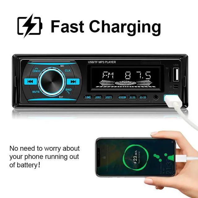 Alt view image 5 of 7 - 1 DIN Car Stereo Bluetooth Audio Receiver - FM Radio MP3 Player with Hands-Free Calling, Wireless Music Streaming, Fast Charging, USB/TF/AUX Port, 7-Color Backlight, Clock Display, Remote Control