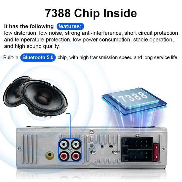 Alt view image 6 of 7 - 1 DIN Car Stereo Bluetooth Audio Receiver - FM Radio MP3 Player with Hands-Free Calling, Wireless Music Streaming, Fast Charging, USB/TF/AUX Port, 7-Color Backlight, Clock Display, Remote Control
