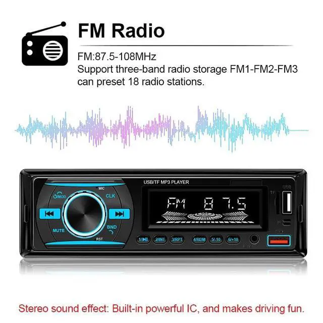Alt view image 3 of 7 - 1 DIN Car Stereo Bluetooth Audio Receiver - FM Radio MP3 Player with Hands-Free Calling, Wireless Music Streaming, Fast Charging, USB/TF/AUX Port, 7-Color Backlight, Clock Display, Remote Control